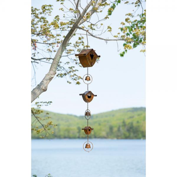 Triple Birdhouse and Bells Flamed Hanging Ornament