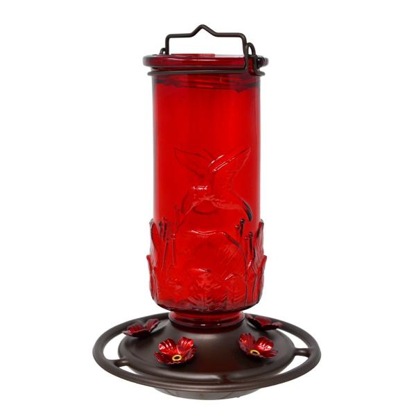 Red Embossed Glass Hummingbird Feeder