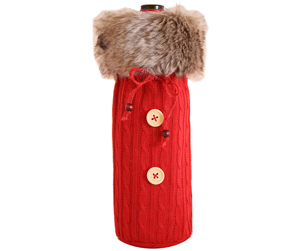 Knit Bottle Bag Red with Fur