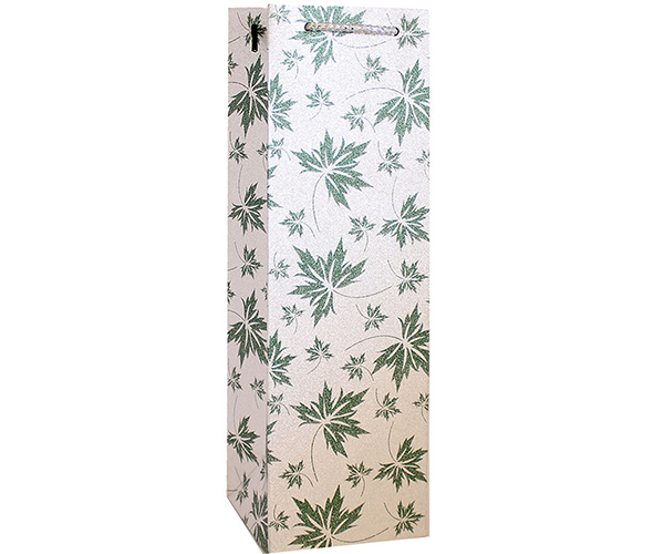 Glitter Printed Paper Wine Bottle Bag - Green Leaves