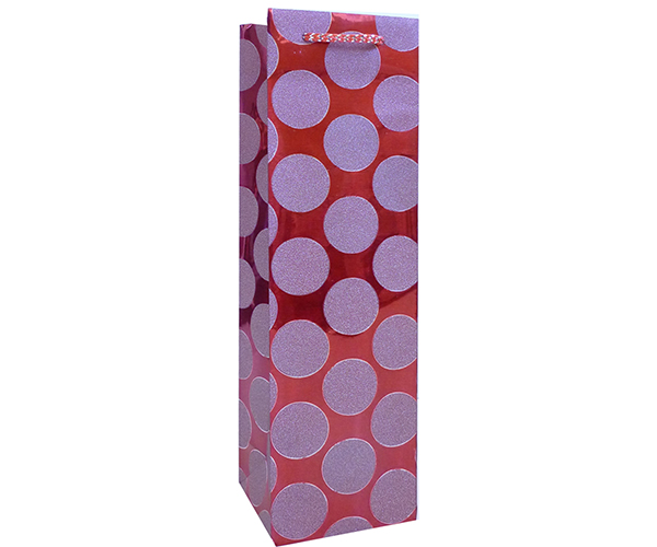 Glitter Printed Paper Wine Bottle Bag  - Red Circles