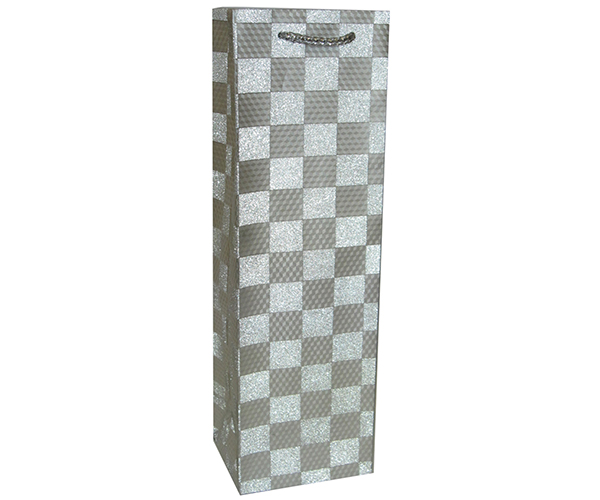 Glitter Printed Paper Wine Bottle Bag  - Silver Checkers