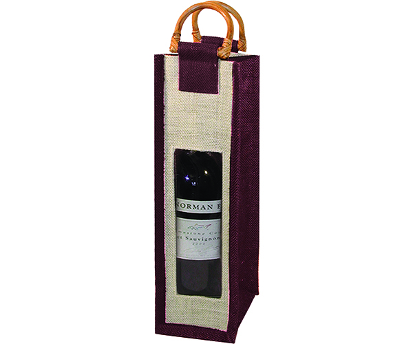 Jute Wine Bottle Bag Burgundy with Window