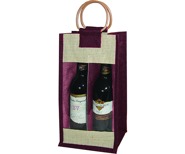 2 Bottle Jute Bag - Burgundy with Windows