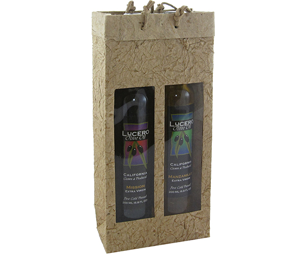 2 Bottle Handmade Paper Olive Oil Bottle Bag - Natural with Window