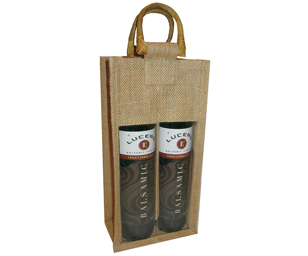 2 Bottle Jute Olive Oil Bottle Bag - Natural with Windows