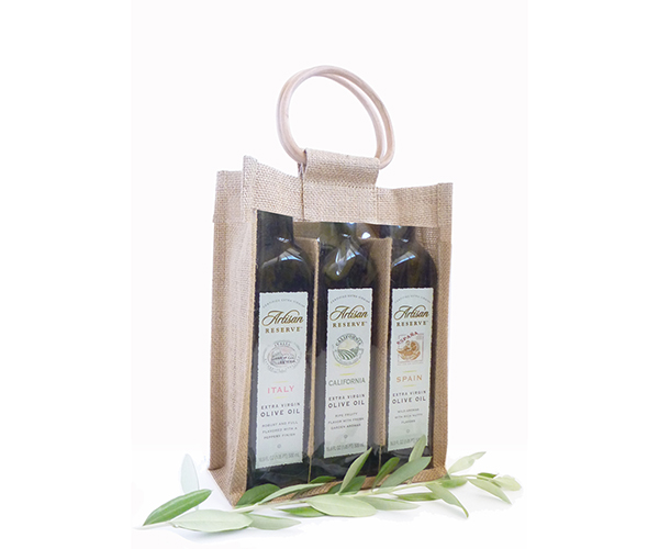 3 Bottle Jute Olive Oil Bottle Bag - Natural with Windows