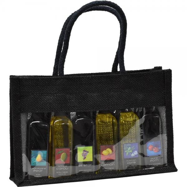 6 Bottle Jute Olive Oil Bottle Bag - Black Sampler with Windows
