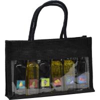 6 Bottle Jute Olive Oil Bottle Bag - Black Sampler with Windows-OJ6SAMPLERBLACK