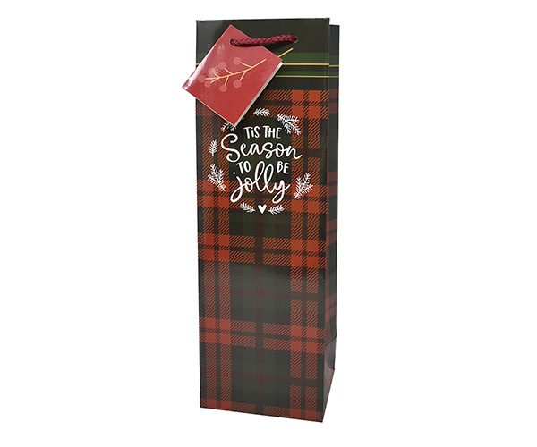 Printed Paper Wine Bottle Bag  - Christmas Flannel