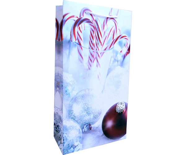 Candy Cane Printed Paper Two Bottle Wine Bag