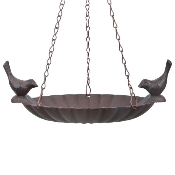 Hanging Bird Bath w/ 2 Birds Cast Iron Antique Brown Hanging Bird Bath w/ 2 Birds Cast Iron Antique Brown