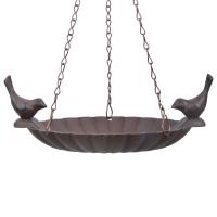 Hanging Bird Bath w/ 2 Birds Cast Iron Antique Brown-BFBFB377