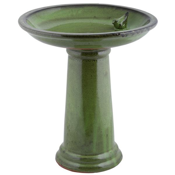 Bird Bath on Pedestal w/Bird Ceramic Green Bird Bath on Pedestal w/Bird Ceramic Green