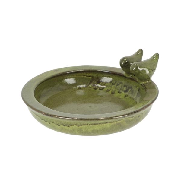 Round Bird Bath w/Birds Ceramic Green Medium Round Bird Bath w/Birds Ceramic Green Medium