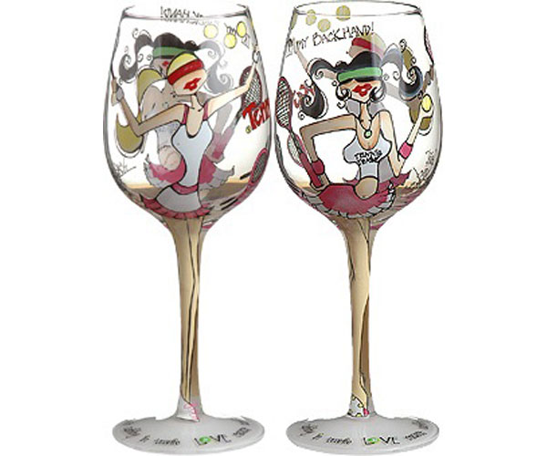 Gift Tennis Tournament Racquet Wine Glass Hand Painted INDIVIDUAL Glass 