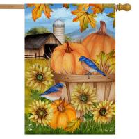 Pumpkins And Bluebirds House Flag-BLH01856