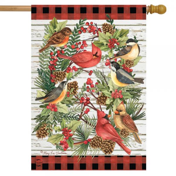 Winter Bird Wreath House Flag