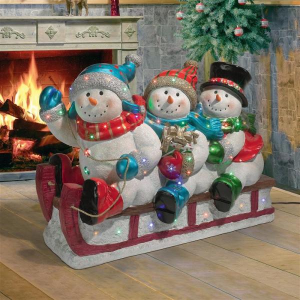 Downhill To Holidays Led Snowmen On Sled Statue plus freight