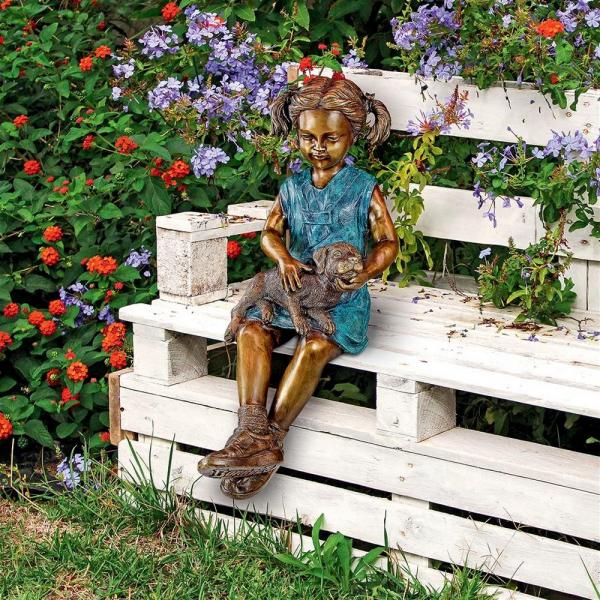 Sitting Savannah Girl With Dog Bronze plus freight