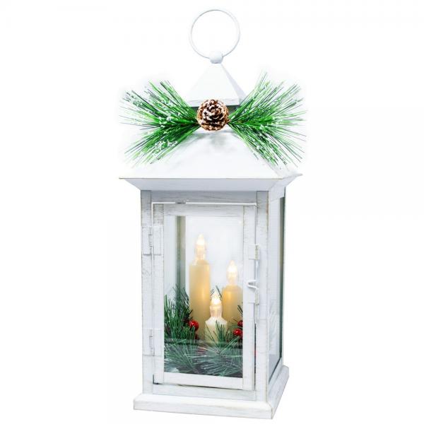 Taper Lantern with Pine and Berry Accents