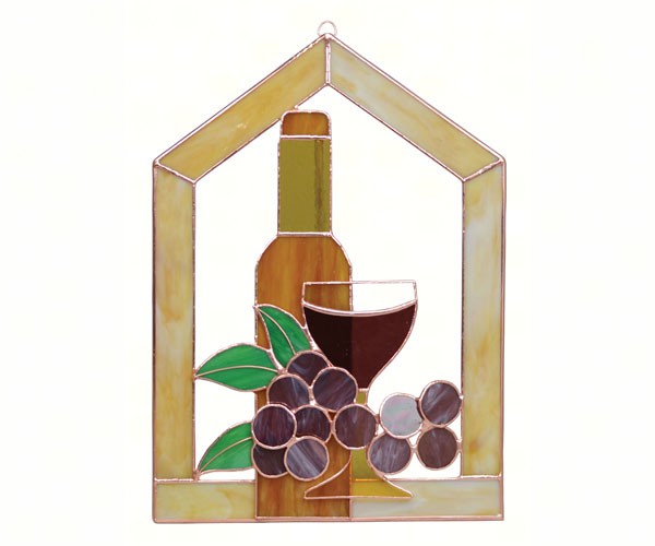 Stained Glass Large Wine Bottle Glass Grapes Scene Steeple Window Panel