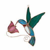 Stained Glass Hummingbird with Pink Flower Suncatcher-GE139