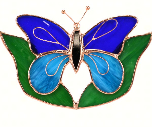 Stained Glass Dark & Light Blue Butterfly and Leaves Suncatcher