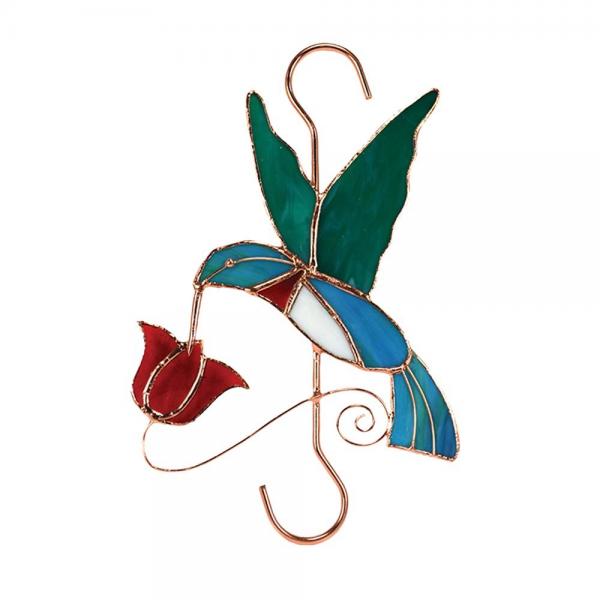 Stained Glass Hummingbird withRed Flower Hook