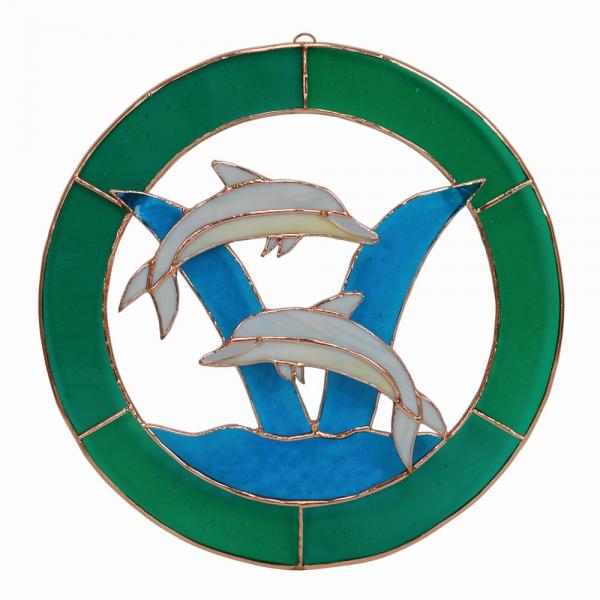 Stained Glass Large Dolphin Circle Window Panel