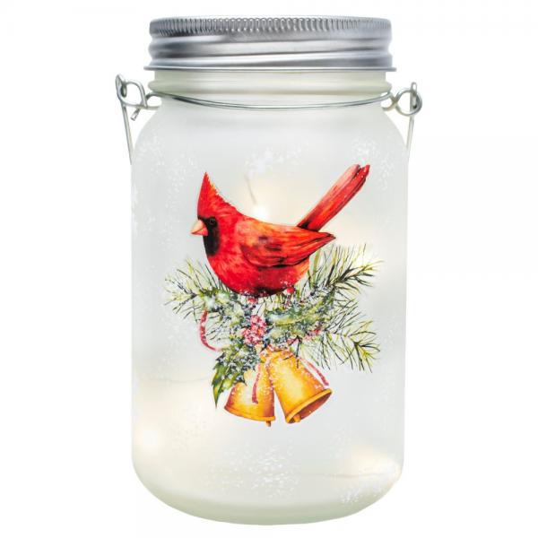 Bells & Cardinal Frosted LED Mason Jar