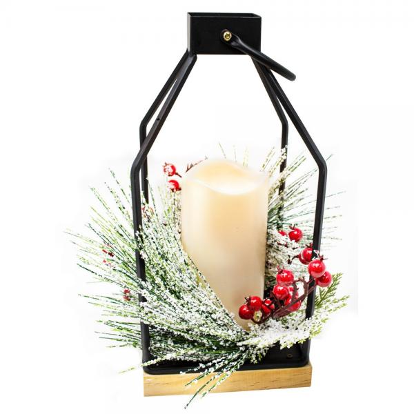 Metal and Wood Lantern with Wreath
