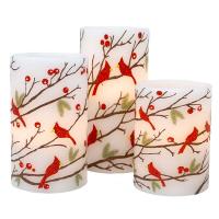 3 Pc Cardinals and Greenery LED Candle Set-GE3054