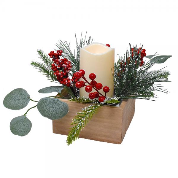 Pine and Red Berry LED Candle Set with Wood Holder