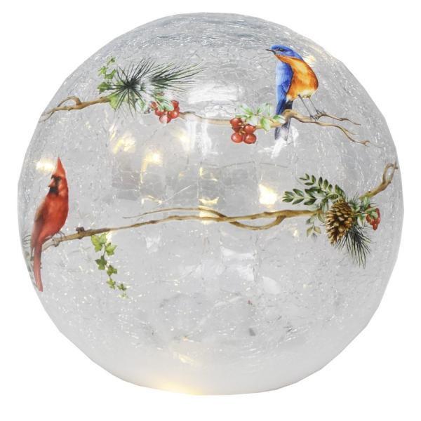 LED Birds on Bough 6 inch Crackle Glass Globe