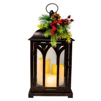 18 Inch Metal Lantern with Greenary and LED Candle-GE3106