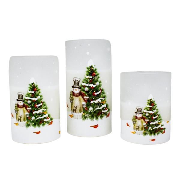 Frosted Glass Snowman 3pc LED Candle Set Frosted Glass Snowman 3pc LED Candle Set