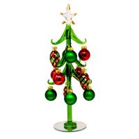 Green Glass Tree with Red and Plaid Ornaments-GE3121