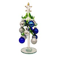 Glass Tree 8 inch with Blue and Silver Ornaments-GE3123