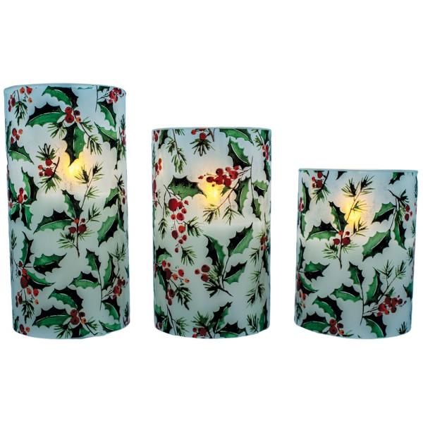 Holly Berry 3-Piece Glass LED Candle Set