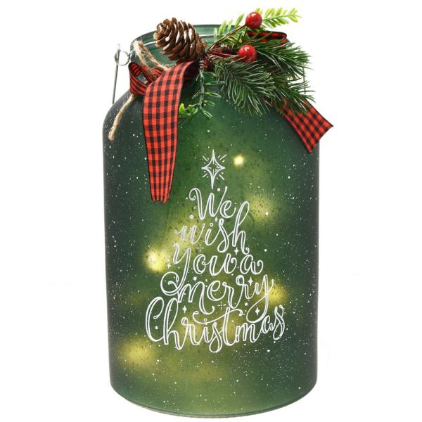 10in Green Glass Merry Christmas Canister with LED String Lights