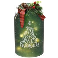 10in Green Glass Merry Christmas Canister with LED String Lights-GE444