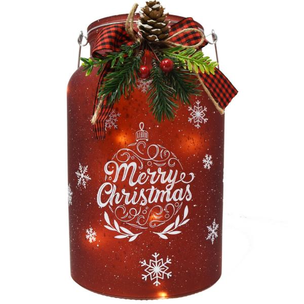 10in Red Glass Merry Christmas Canister with LED String Lights