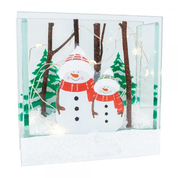 Cozy Snowmen Small LED Glass Box with Timer
