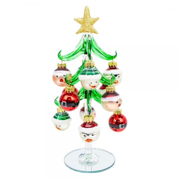 Green Glass Tree 8 inch with Christmas Character Ornaments