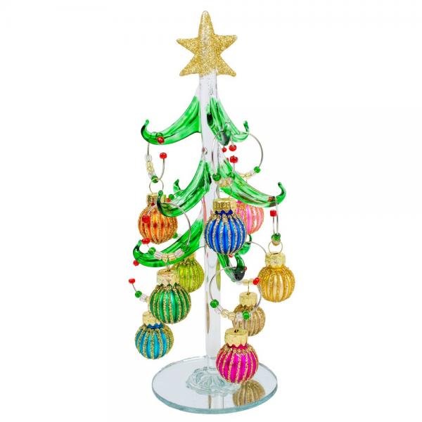 Green Glass Wine Charm Tree with Ridged Pastel Ornaments