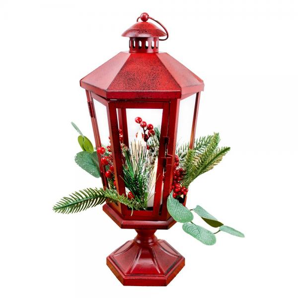 Red Metal Pedestal Lantern with LED Tapers