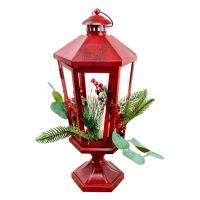 Red Metal Pedestal Lantern with LED Tapers-GE538
