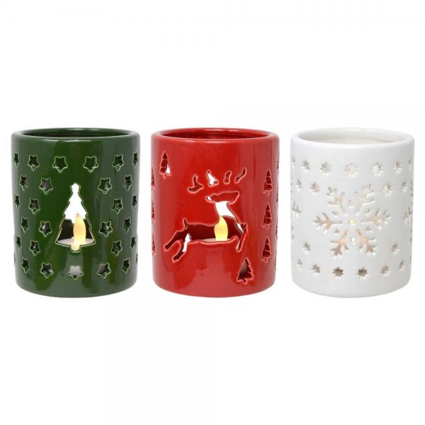 3 Piece Set Holiday Ceramic Candle Holders with LED Tea Lights