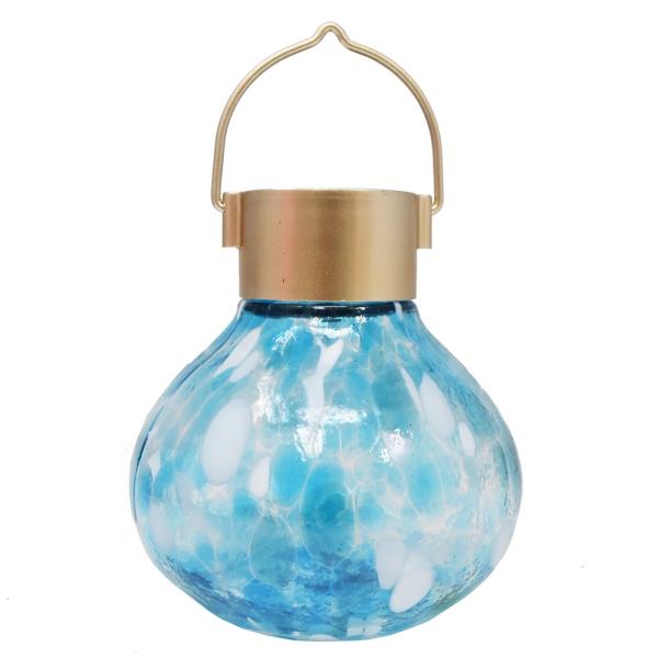 Solar Blown Glass White & Blue Lantern